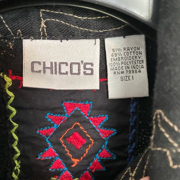 Chico’s Black Embroidered Jacket African Tribal Art‎ to Wear 1 Medium - Picture 3 of 6